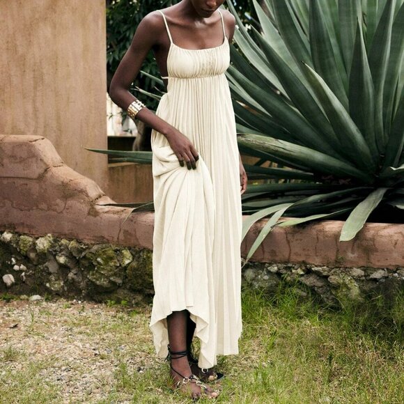 Beige Sexy Women's Loose Design Linen-Color Shirt Collar Pleated Midi Dress - Picture 3 of 9